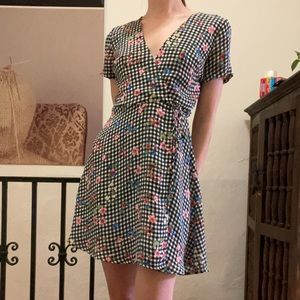 Lush black and white gingham and floral wrap dress M